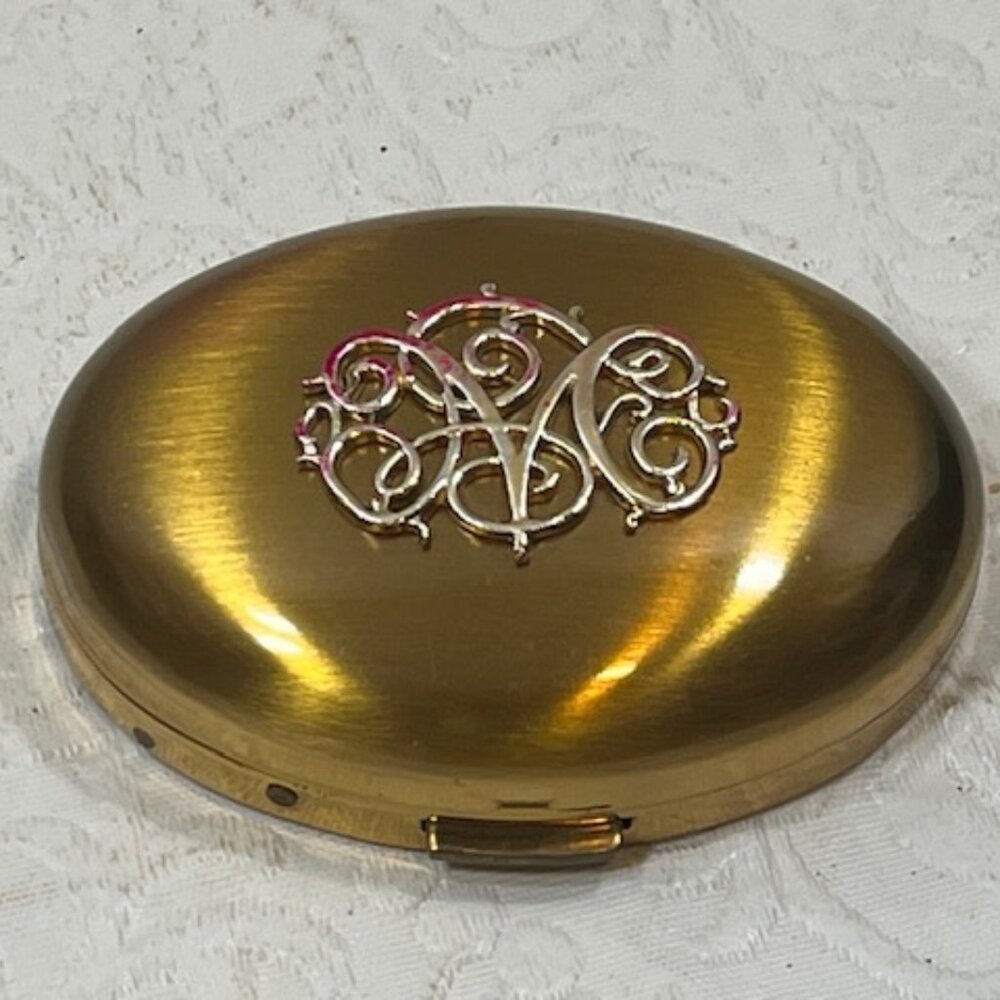 VTG Gold Tone Brass Monogramed Germaine Monteil Oval Powder Compact 2.5"